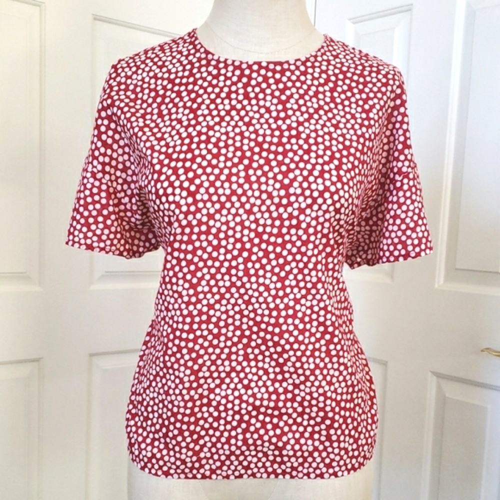 Vintage United Colors of Benetton Red White Polka Dot Blouse Relaxed M L - Picture 3 of 10